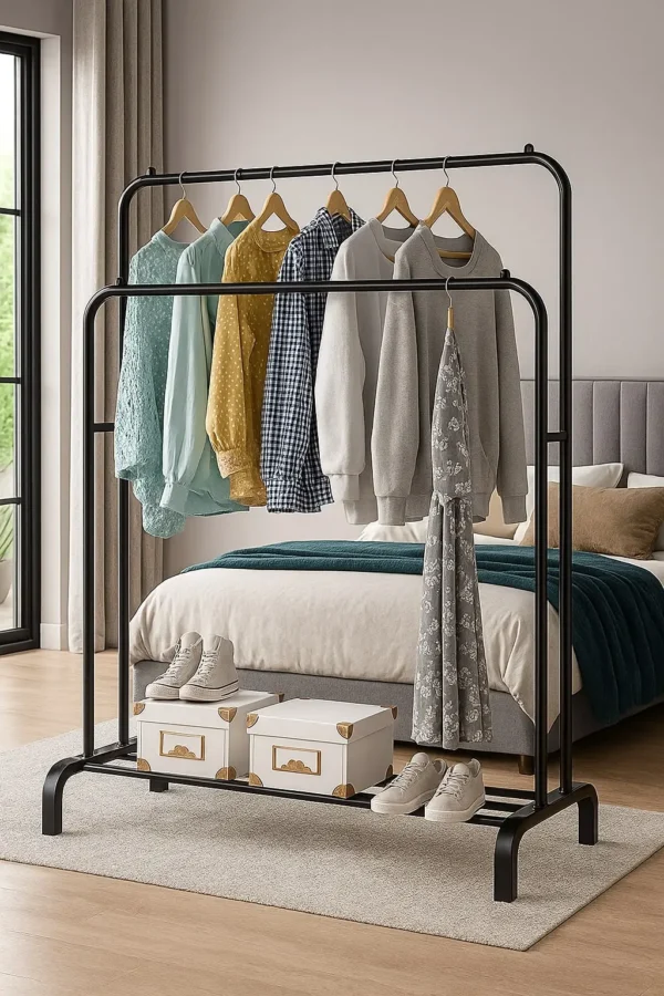 Rangement vêtements métal noir – Portant Edihome avec étagère à chaussures