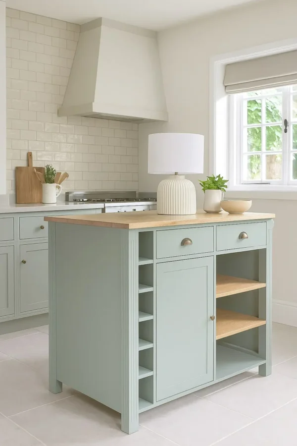 Îlot central de cuisine Beaumont – 2 tiroirs, 1 porte, étagère, 6 niches – Vert d’eau et beige