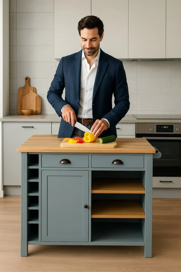 Îlot central de cuisine Beaumont – 2 tiroirs, 1 porte, étagère, 6 niches – Vert d’eau et beige